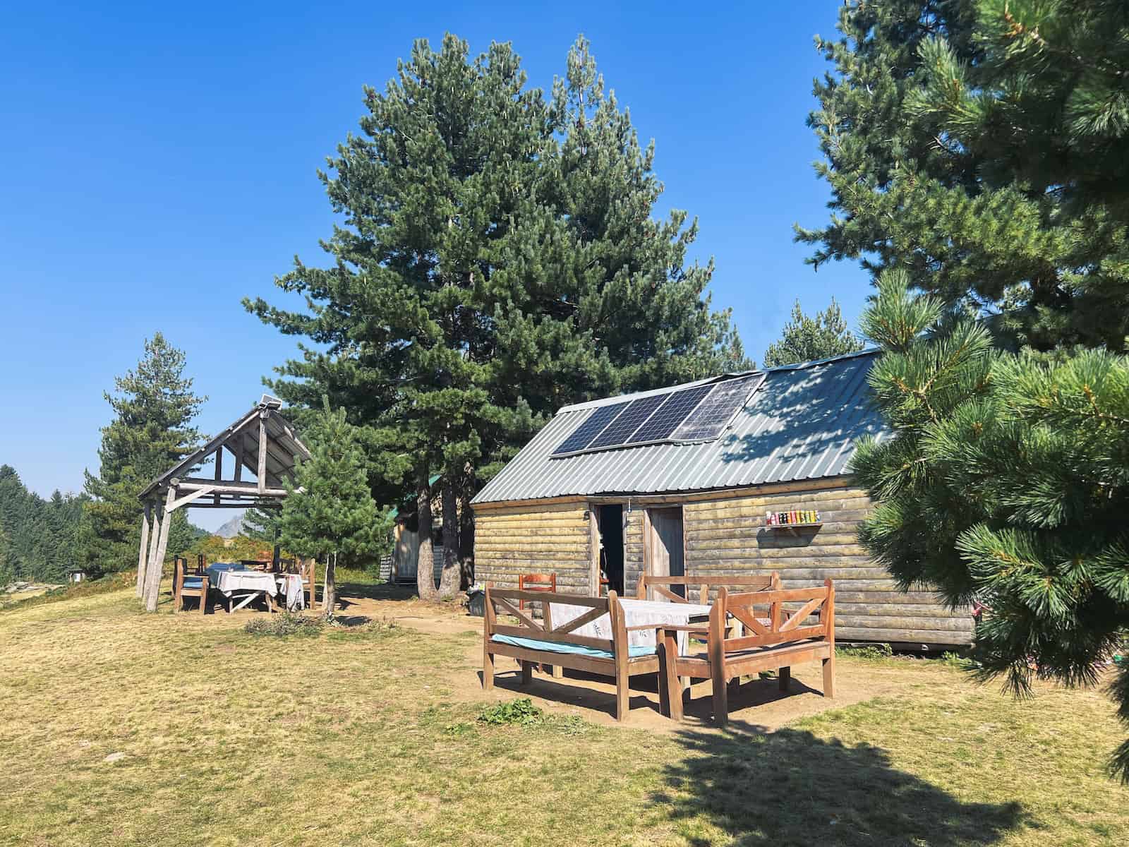 Holzhütte mit Solarpanel auf dem Dach und Holzbänken davor, umgeben von Kiefern
