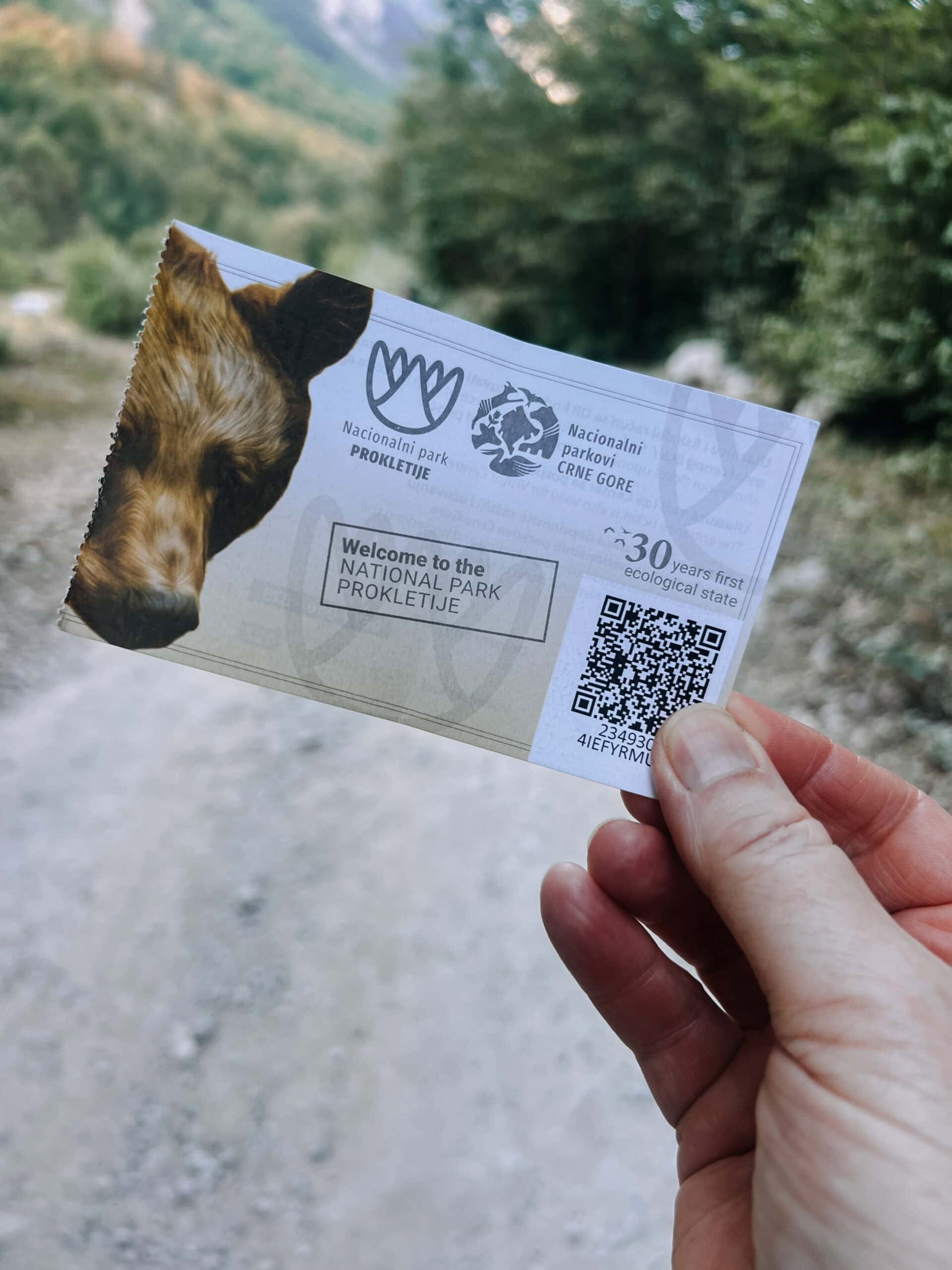 Hand hält ein Ticket mit Bärenmotiv für den Nationalpark Prokletije auf einem Schotterweg